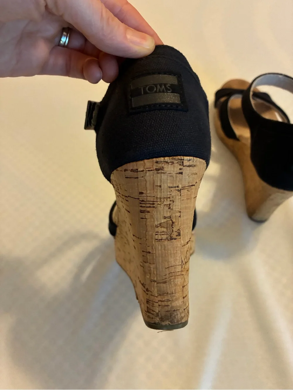 Toms Black Cork Wedge Sandals with Ankle Buckle
